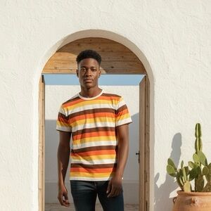 Vibrant Striped Men's Tee - Orange, Yellow, Brown